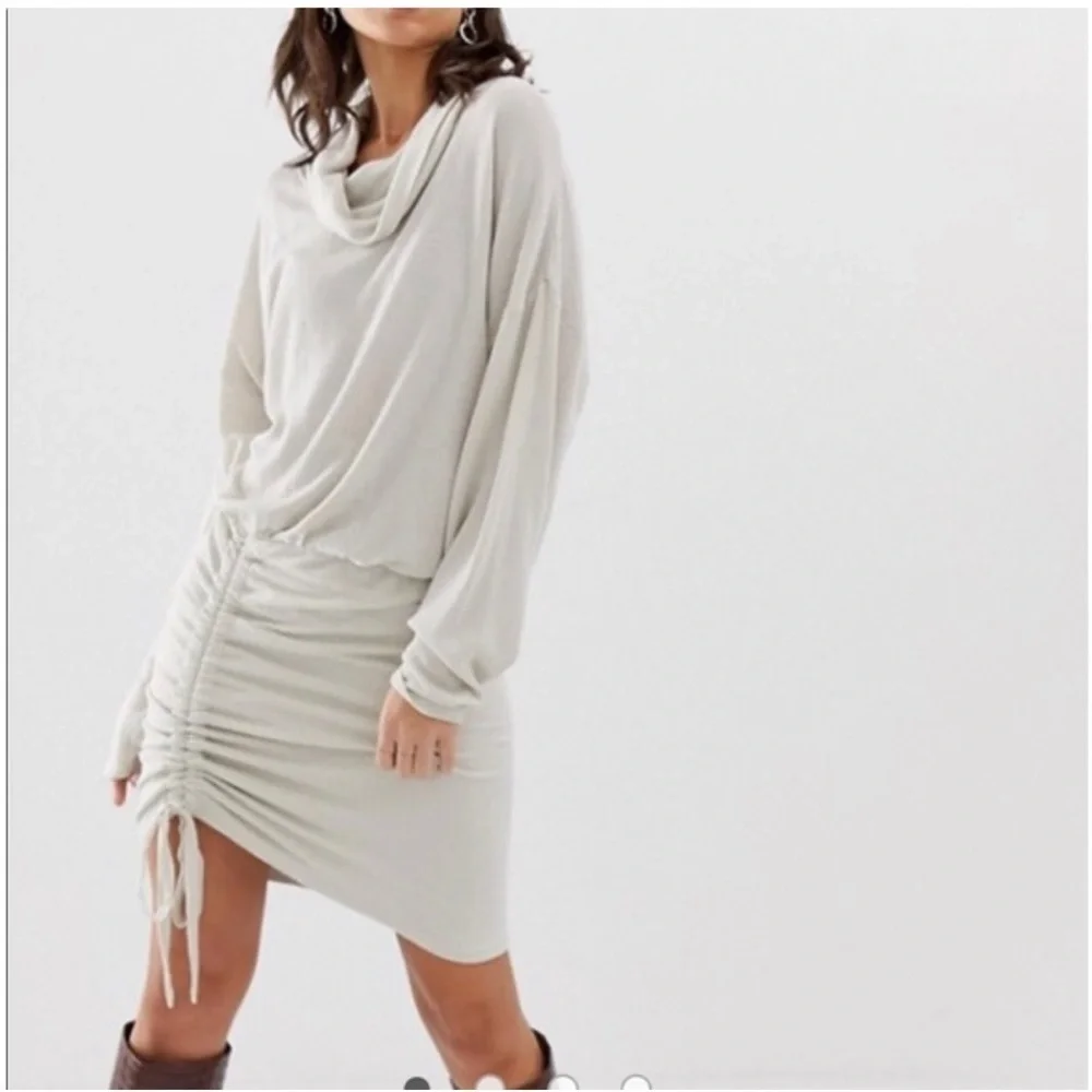 Free People Women's Sundown Cowl Neck Ruched Mini Dress size small beige color